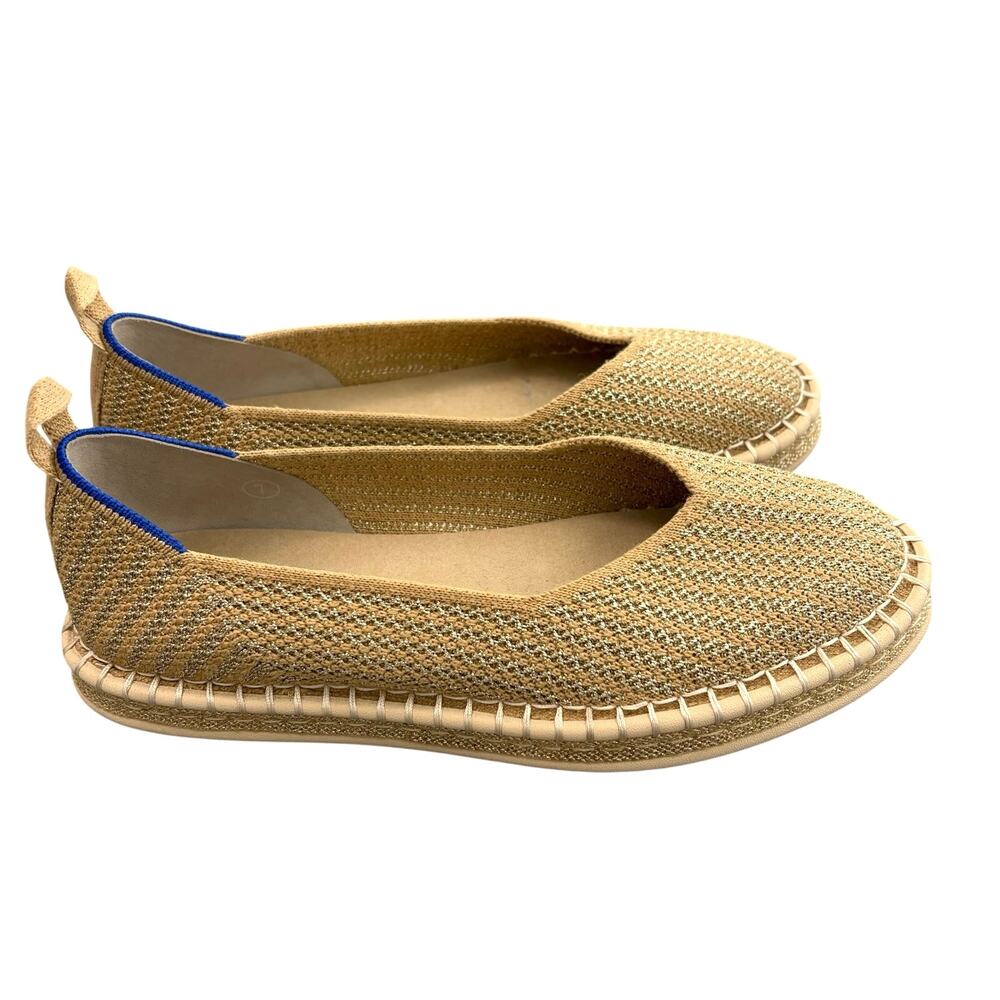Rothy's Tan Woven Slip-On Flats with Blue Heel Trim